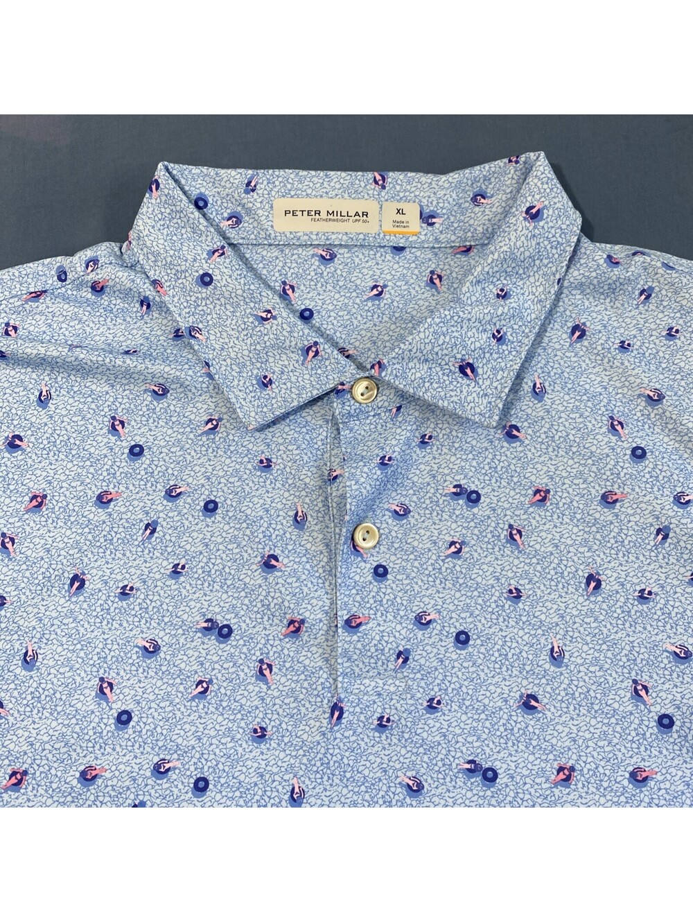 Peter Millar Featherweight Golf Polo Shirt Blue Pool All Over Print Mens Size XL